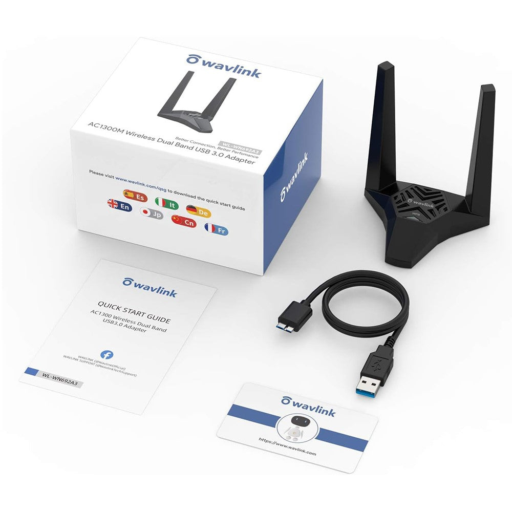 WAVLINK WS-WN692A3-A High Speed AC1300M 2.4GHz / 5GHz Wireless Dual Band USB 3.0 Adapter for Lag-Free Video Streaming / Gaming
