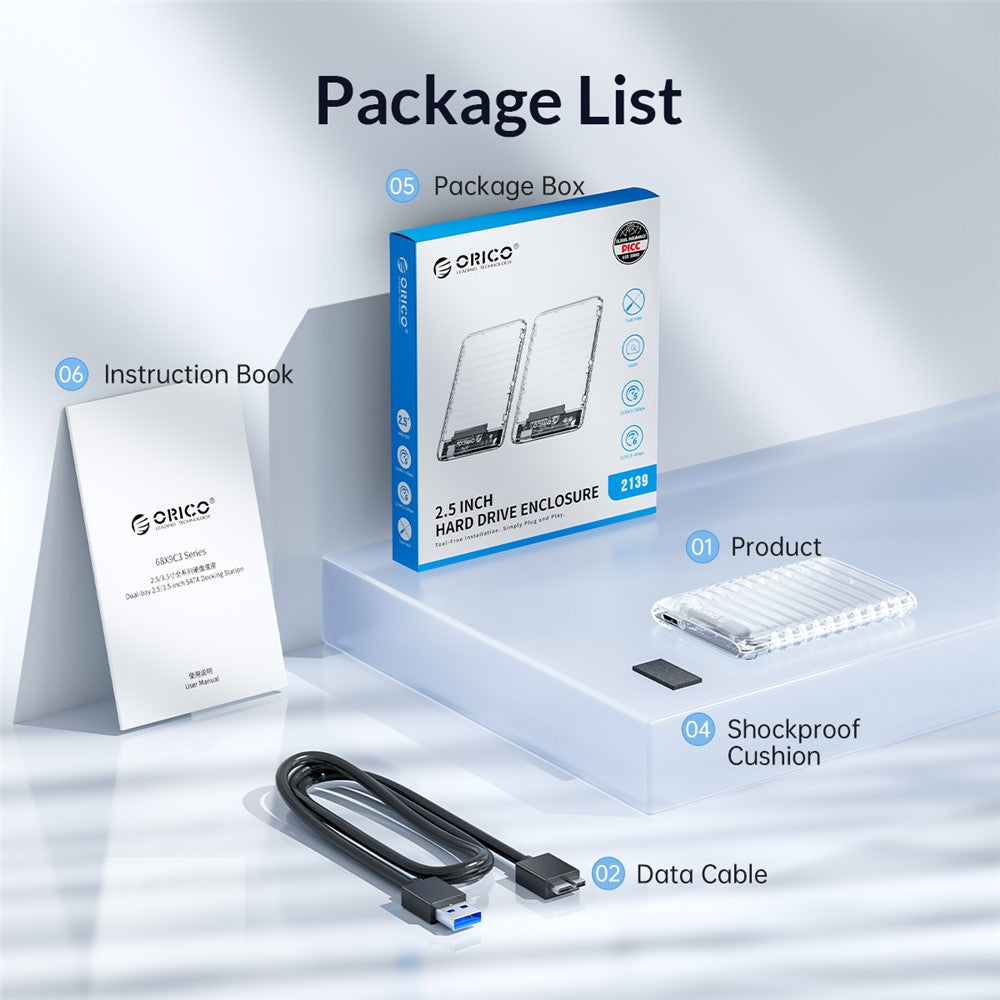 ORICO-2139C3 2.5" USB3.0 External Storage HDD Enclosure Transparent 6Gbps High Speed HDD SSD Hard Drive Enclosure