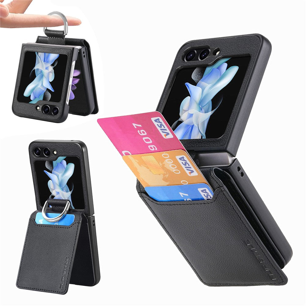 Samsung Galaxy Z Flip7 FE 5G / Z Flip6 5G Phone Case Card Slot Kickstand PU+PC Cover with Finger Ring