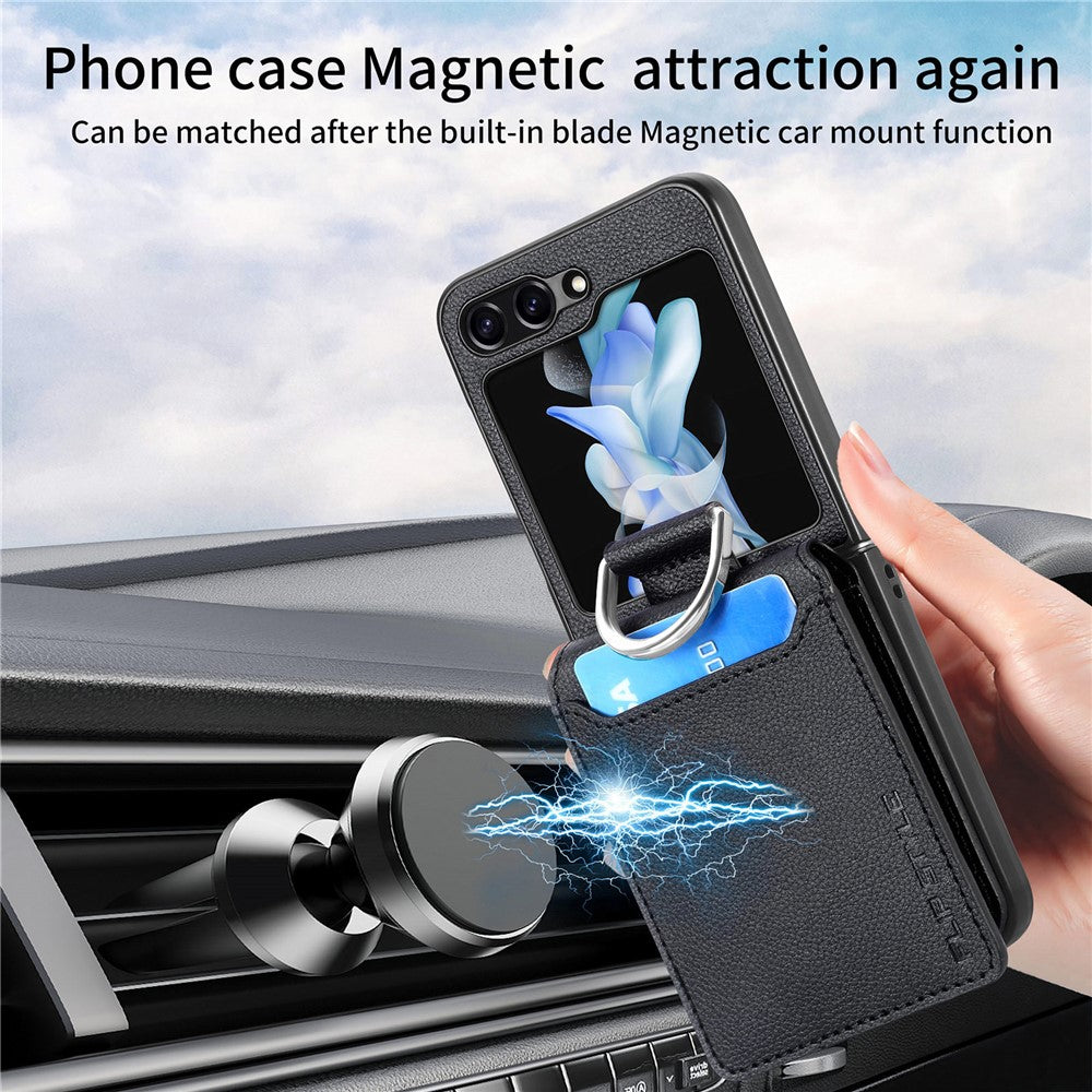 Samsung Galaxy Z Flip7 FE 5G / Z Flip6 5G Phone Case Card Slot Kickstand PU+PC Cover with Finger Ring