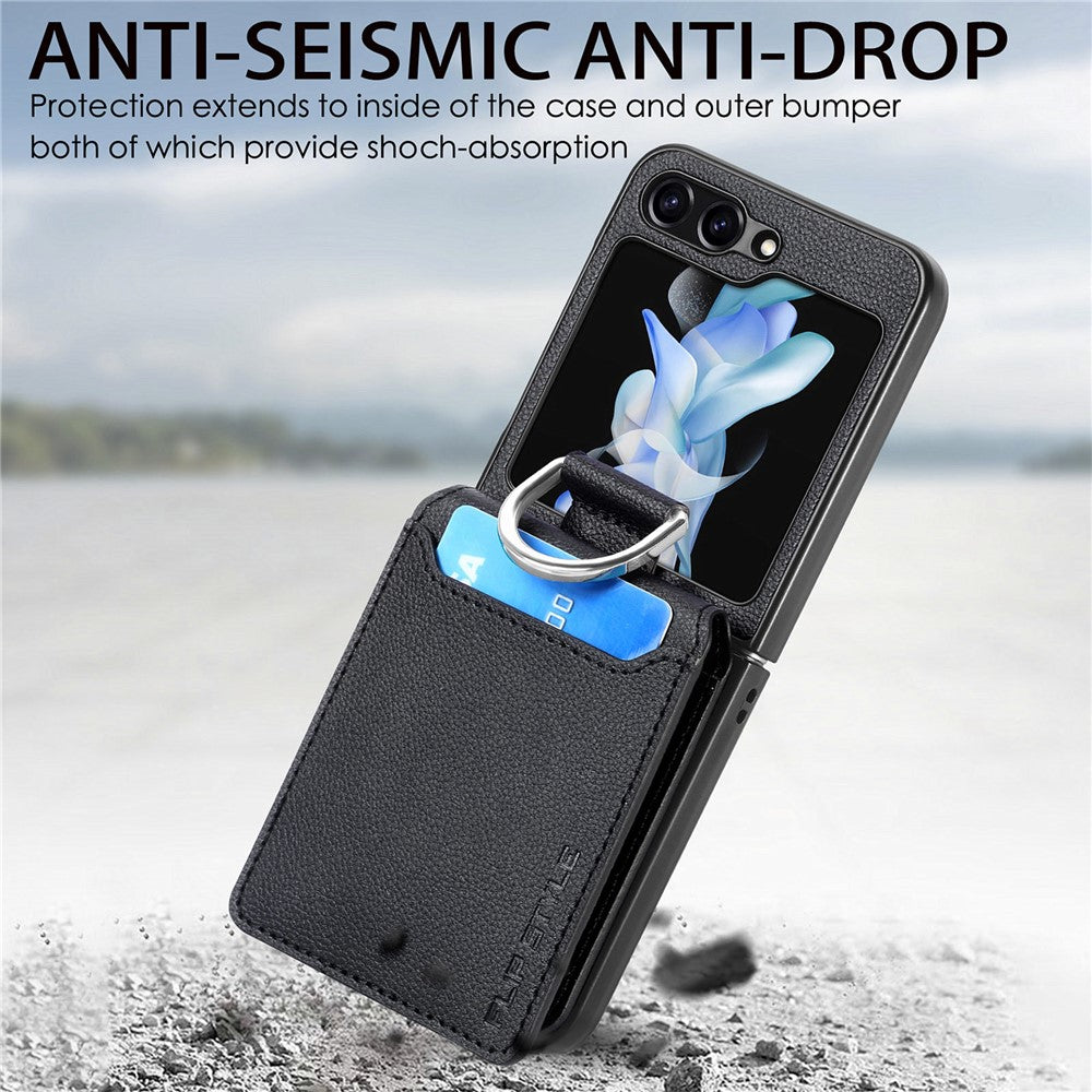 Samsung Galaxy Z Flip7 FE 5G / Z Flip6 5G Phone Case Card Slot Kickstand PU+PC Cover with Finger Ring