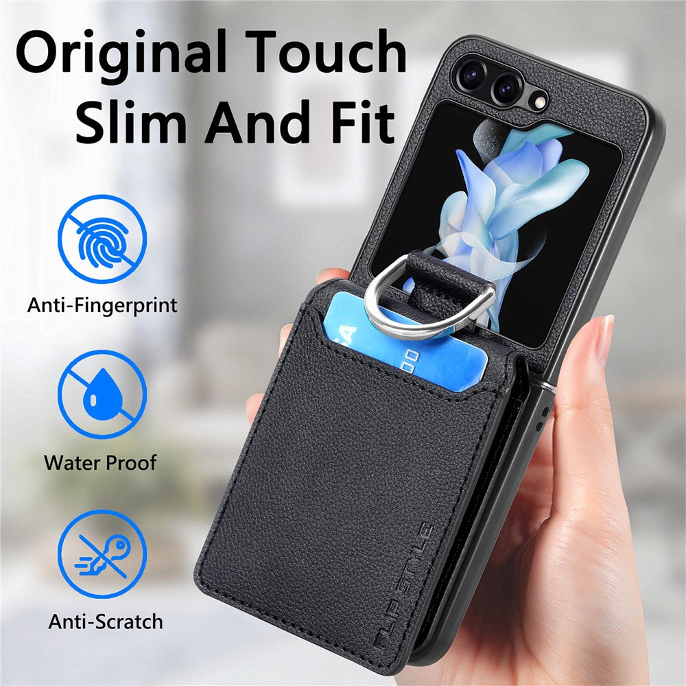 Samsung Galaxy Z Flip7 FE 5G / Z Flip6 5G Phone Case Card Slot Kickstand PU+PC Cover with Finger Ring