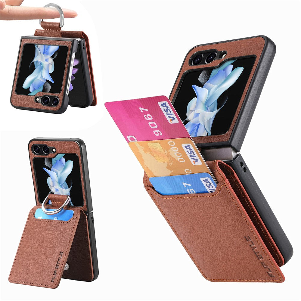 Samsung Galaxy Z Flip7 FE 5G / Z Flip6 5G Phone Case Card Slot Kickstand PU+PC Cover with Finger Ring