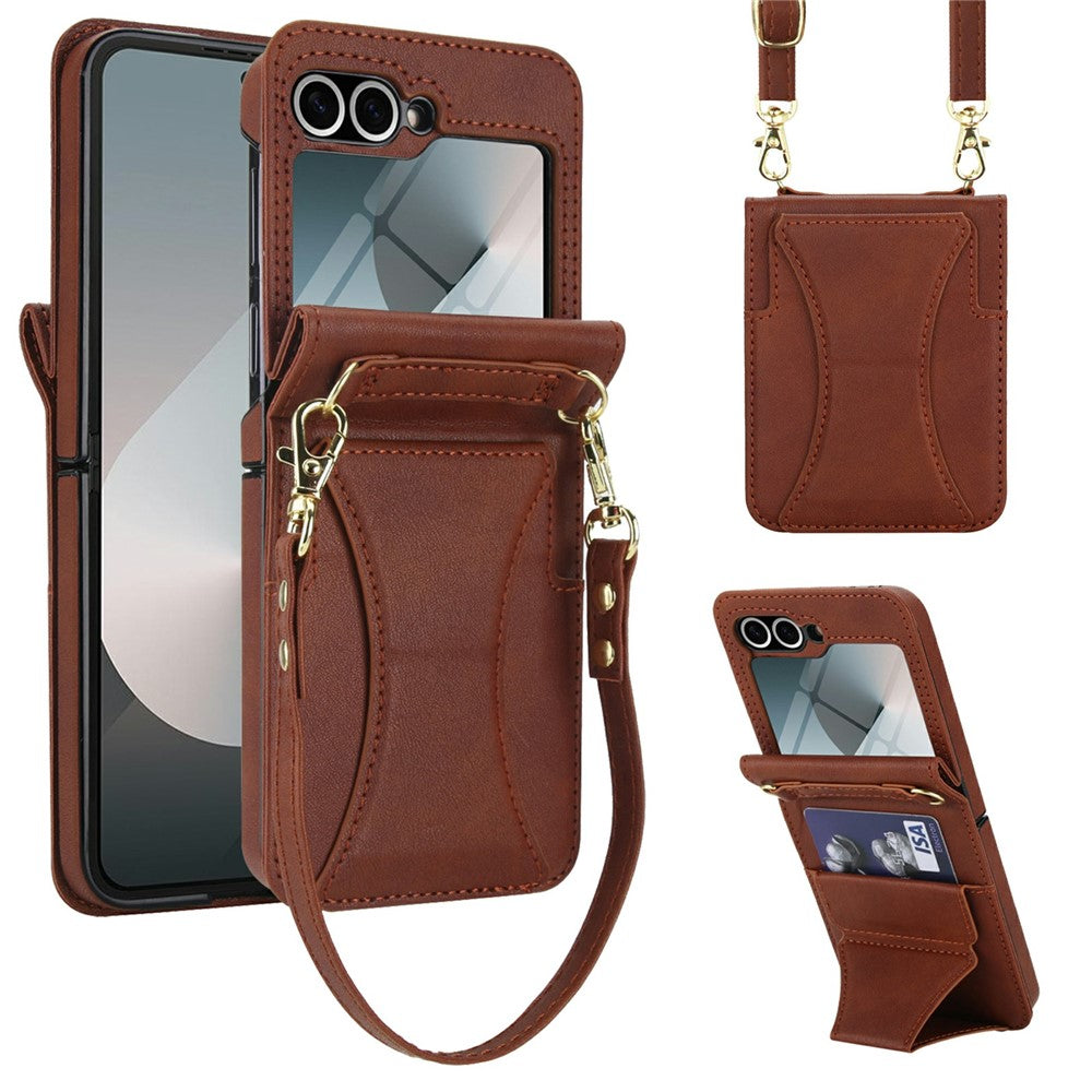 Samsung Galaxy Z Flip6 5G Case Kickstand Leather + PC Folding Phone Cover with HD Screen Protector / Straps