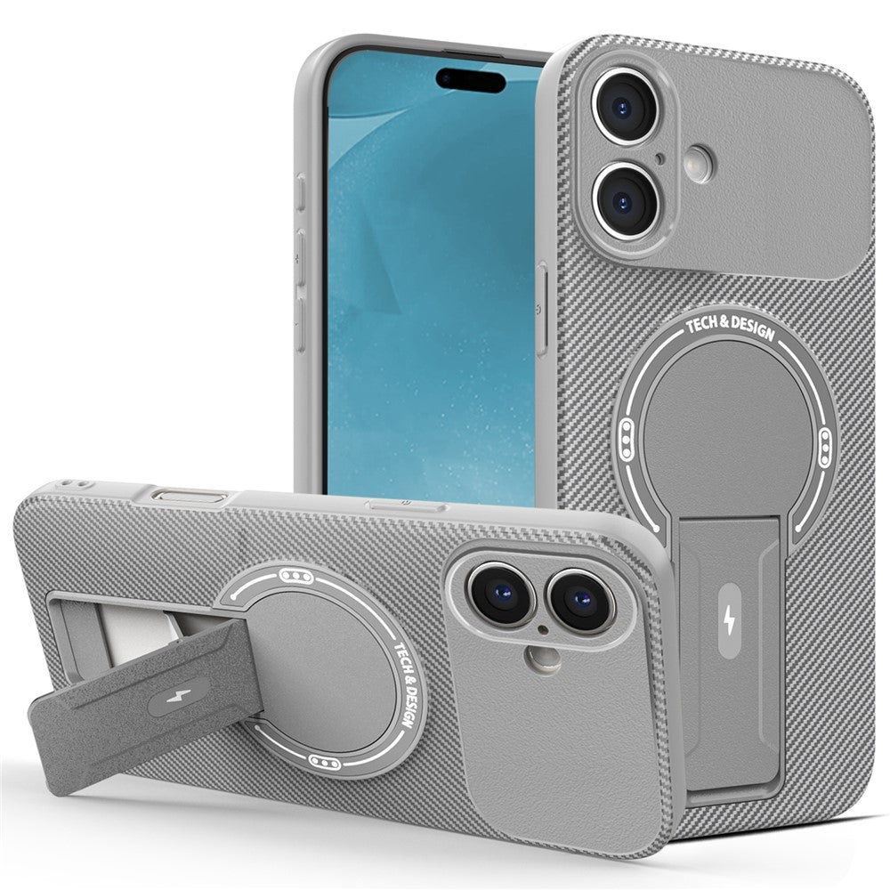 For iPhone 16 Case with Kickstand Carbon Fiber Texture PC + TPU Phone Cover