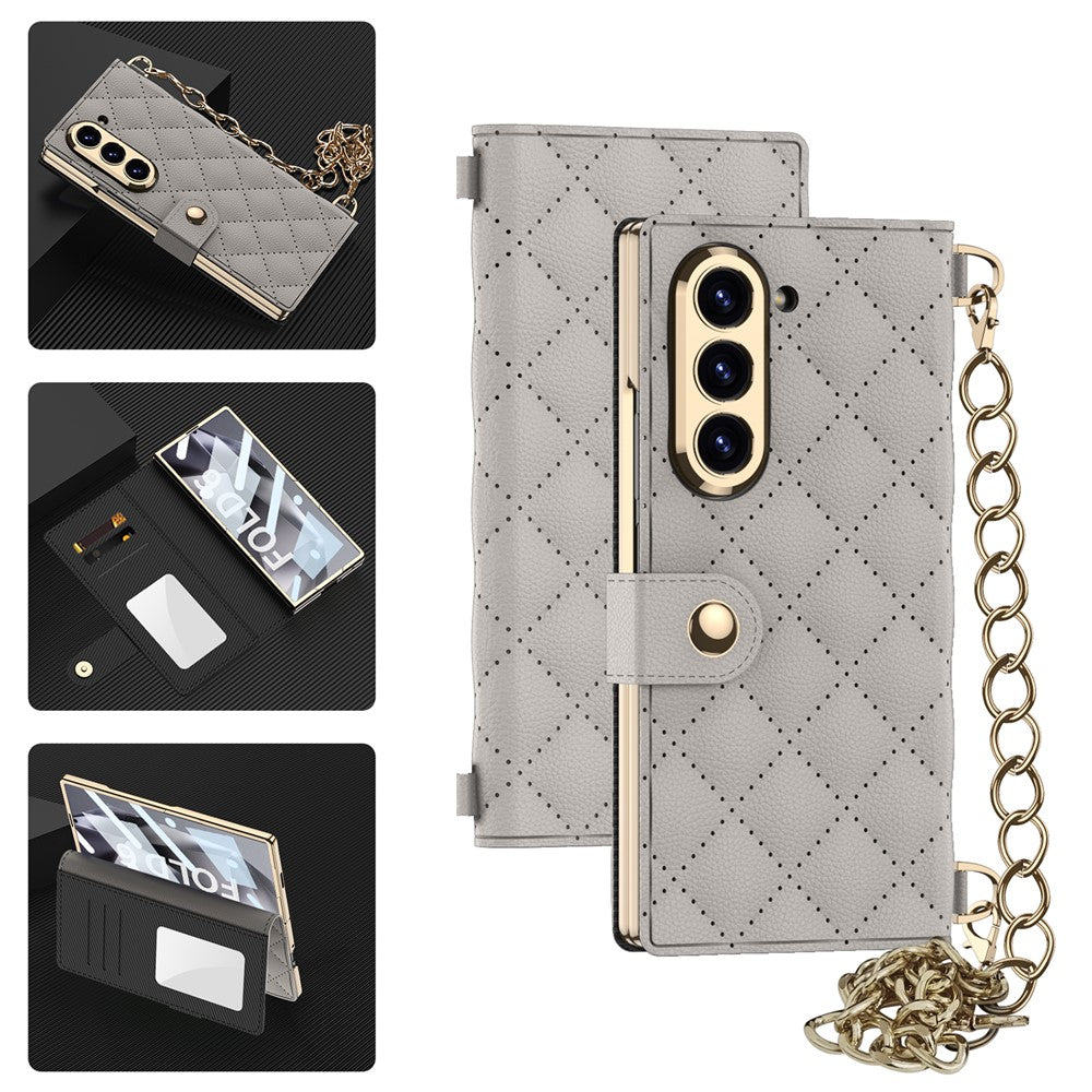 GKK For Samsung Galaxy Z Fold6 5G Case Rhombus Leather Phone Cover with Tempered Glass Film / Hand Chain Strap