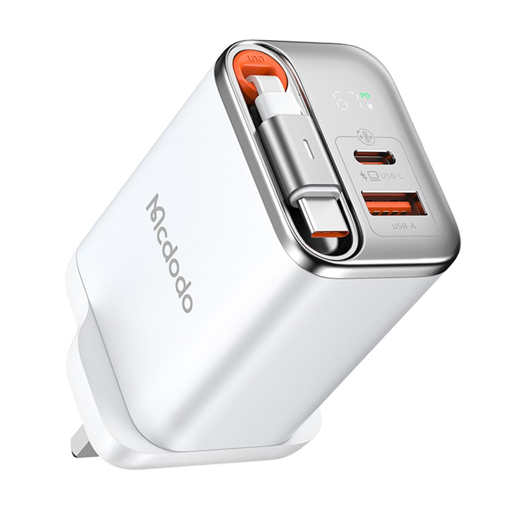 MCDODO CH-409 FreeGo 67W GaN Charger USB-C USB-A Power Adapter with Built-in Retractable Cable, UK Plug