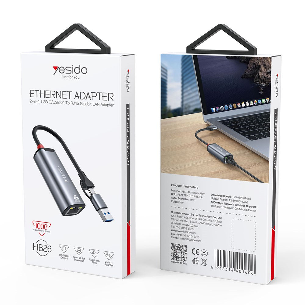 YESIDO HB26 USB+Type-C 2-in-1 Gigabit Ethernet Converter for PC / Mobile Phone / Tablet