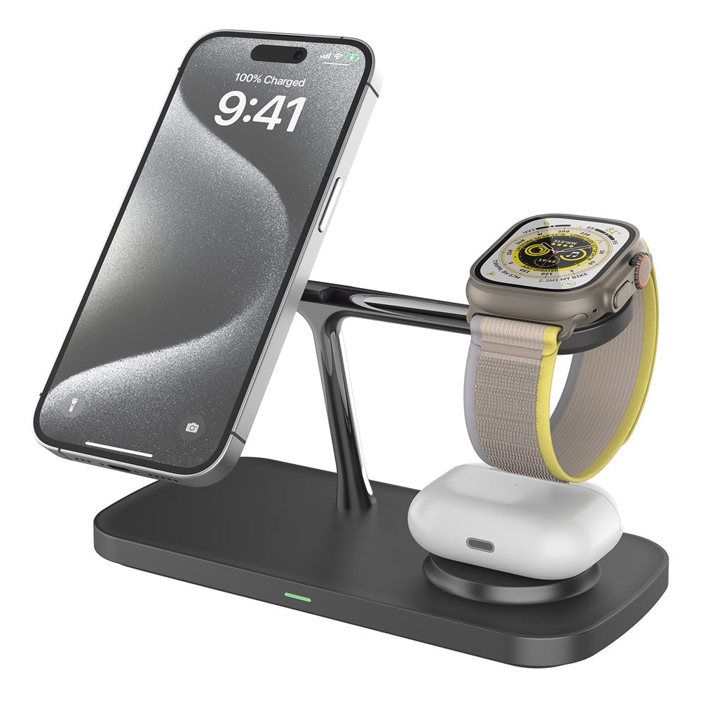 T255 Qi2 15W Magnetic Wireless Charger Watch Earphone Cellphone 3 in 1 Desktop Charging Stand