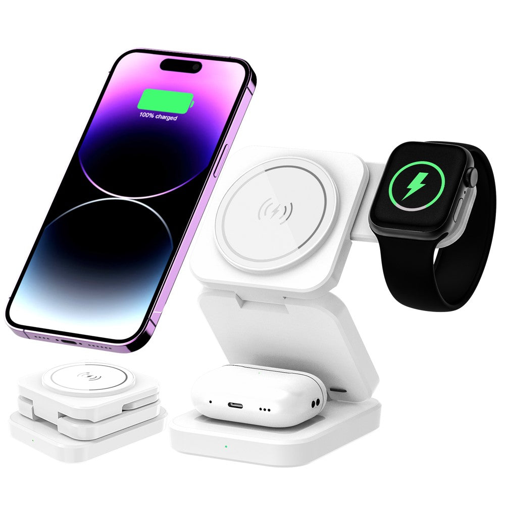 A390 3-in-1 15W Fast Charging Magnetic Wireless Charger Folding Bracket Compatible with iPhone  /  Apple Watch  /  Airpods