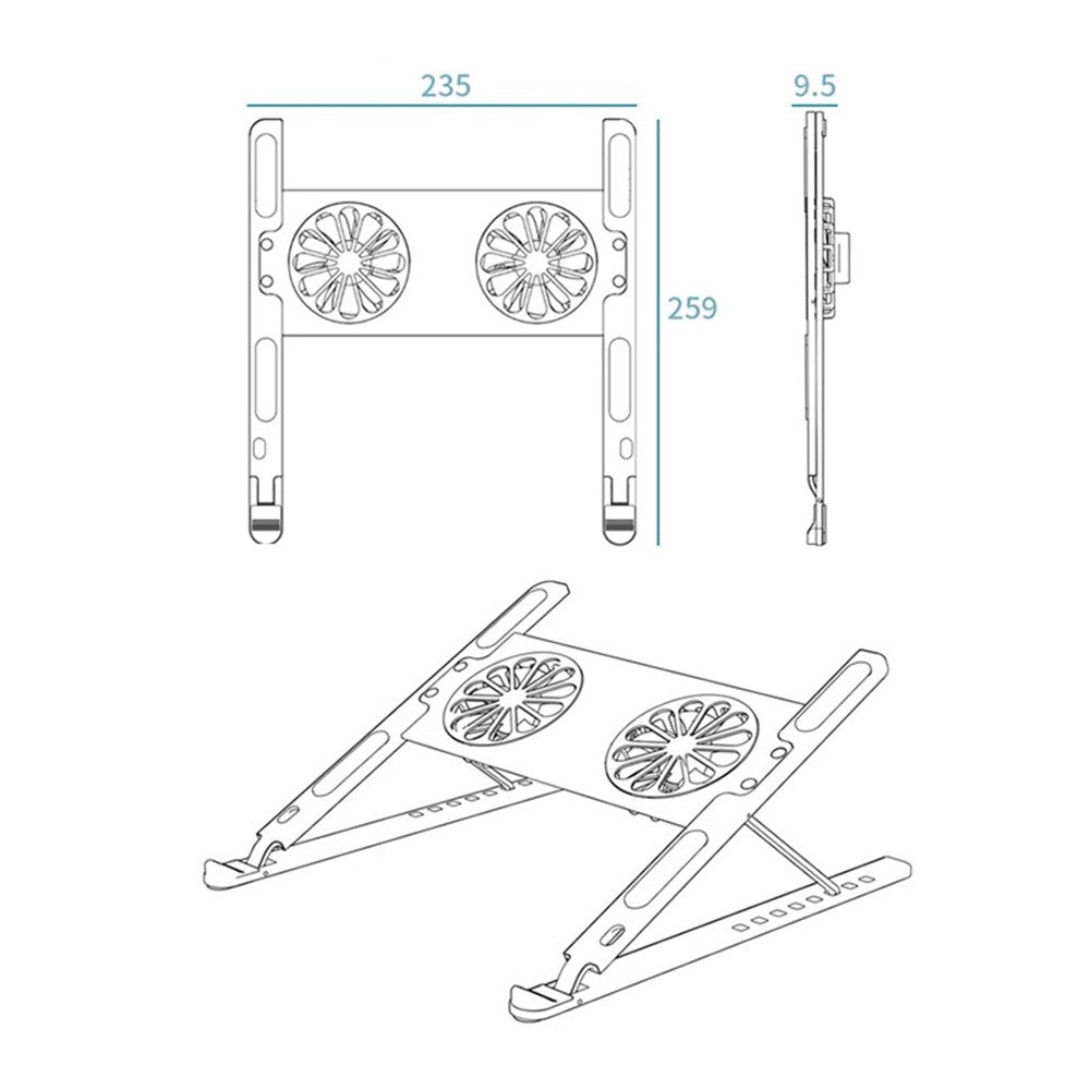 P11F Portable Folding Laptops Stand Aluminum Alloy Adjustable Desktop Tablets Holder with 2 Cooling Fan for Tablets, Notebooks