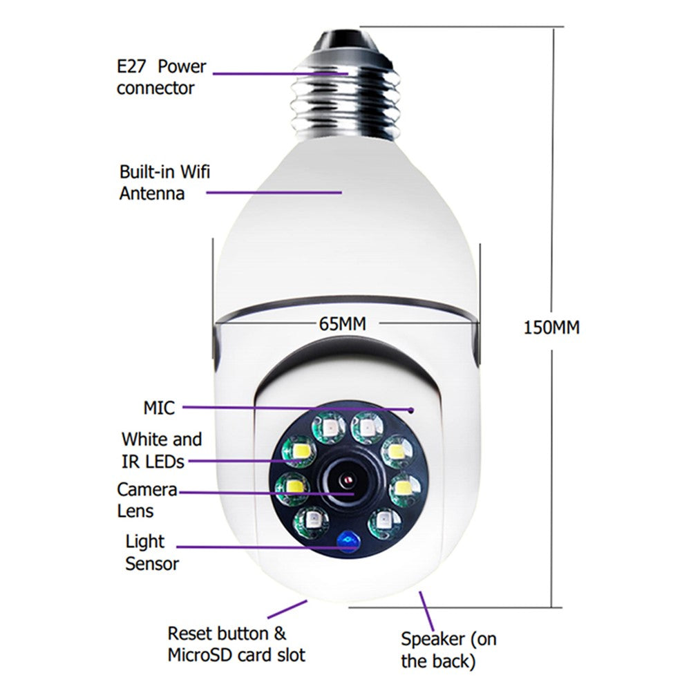 2.4G Smart WiFi Camera Mini PTZ 1080P HD IP Camera with Bulb E27 Socket, Two-Way Talk Home Surveillance