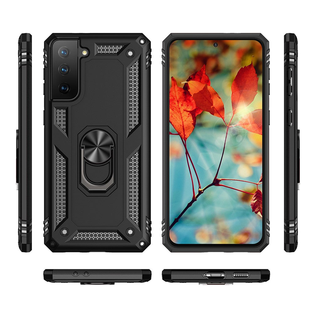 Anti-Fall Phone Hybrid PC + TPU + Metal Case Cover with Finger Ring Kickstand for Samsung Galaxy S21 FE