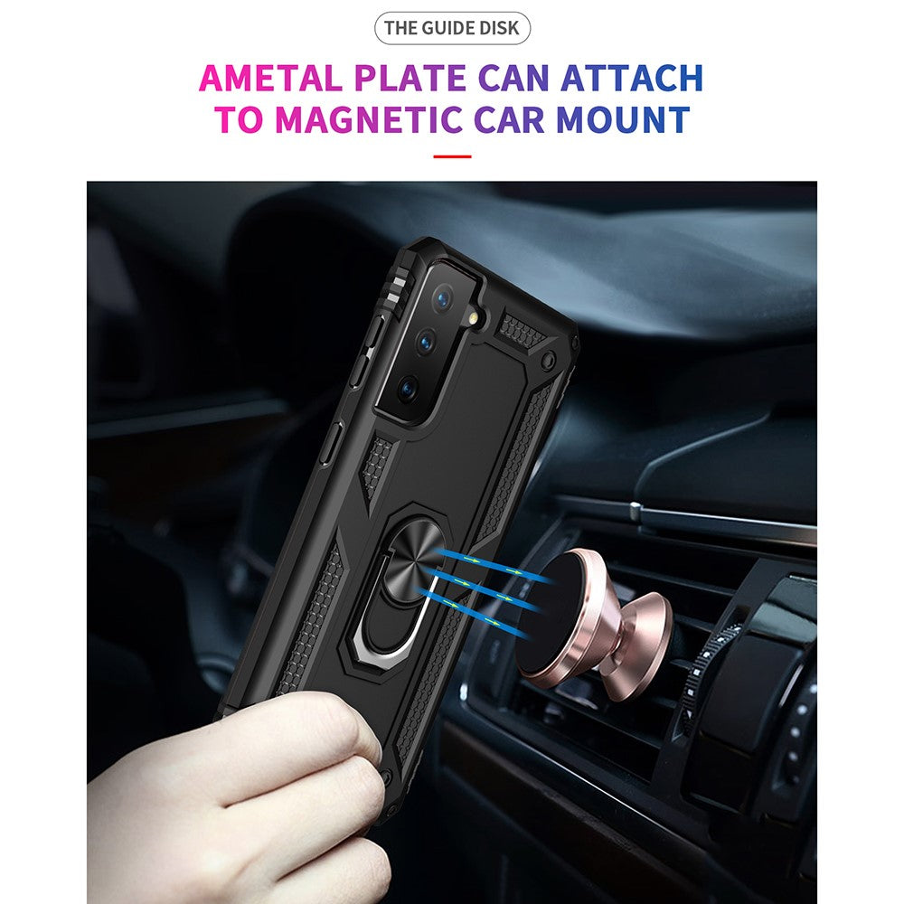 Anti-Fall Phone Hybrid PC + TPU + Metal Case Cover with Finger Ring Kickstand for Samsung Galaxy S21 FE