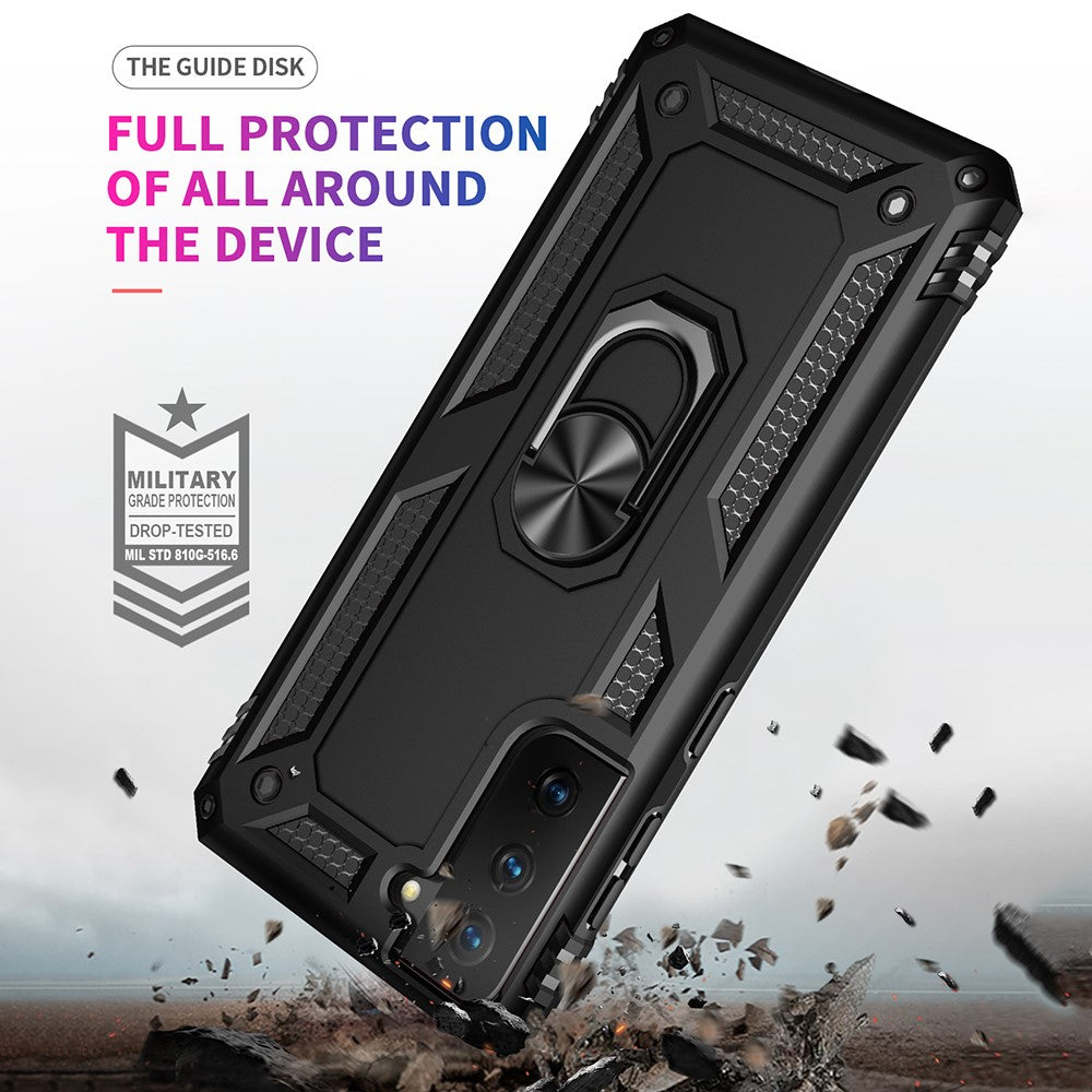 Anti-Fall Phone Hybrid PC + TPU + Metal Case Cover with Finger Ring Kickstand for Samsung Galaxy S21 FE