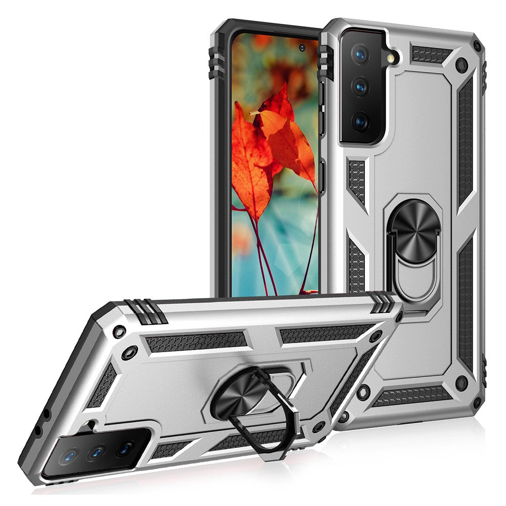 Anti-Fall Phone Hybrid PC + TPU + Metal Case Cover with Finger Ring Kickstand for Samsung Galaxy S21 FE