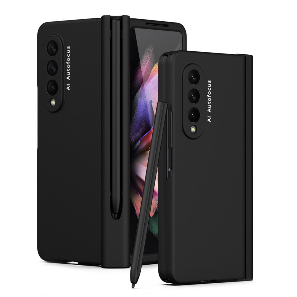 PU Leather Coated PC Hinged Cover Folio Flip Full Protection Phone Case with Pen Holder and Tempered Glass Screen Protector for Samsung Galaxy Z Fold3 5G