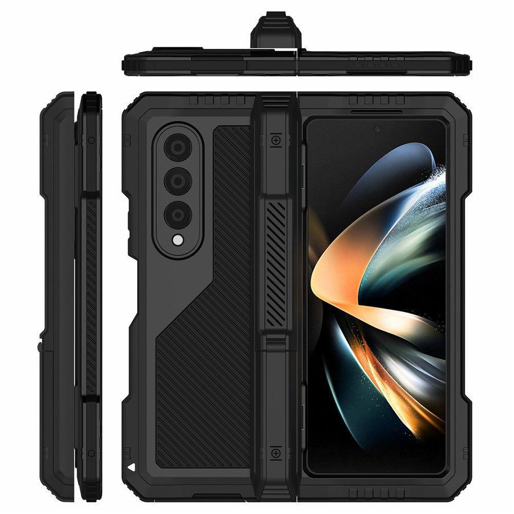 For Samsung Galaxy Z Fold4 5G Aluminium Alloy + Silicone Phone Case Shockproof Dustproof Kickstand Protective Cover with Screen Protector