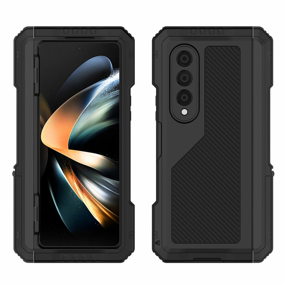 For Samsung Galaxy Z Fold4 5G Aluminium Alloy + Silicone Phone Case Shockproof Dustproof Kickstand Protective Cover with Screen Protector
