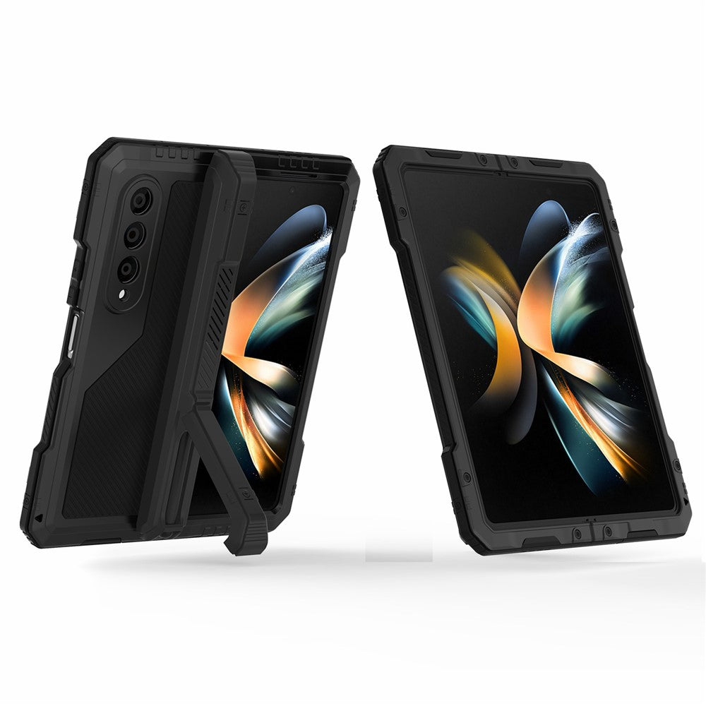 For Samsung Galaxy Z Fold4 5G Aluminium Alloy + Silicone Phone Case Shockproof Dustproof Kickstand Protective Cover with Screen Protector