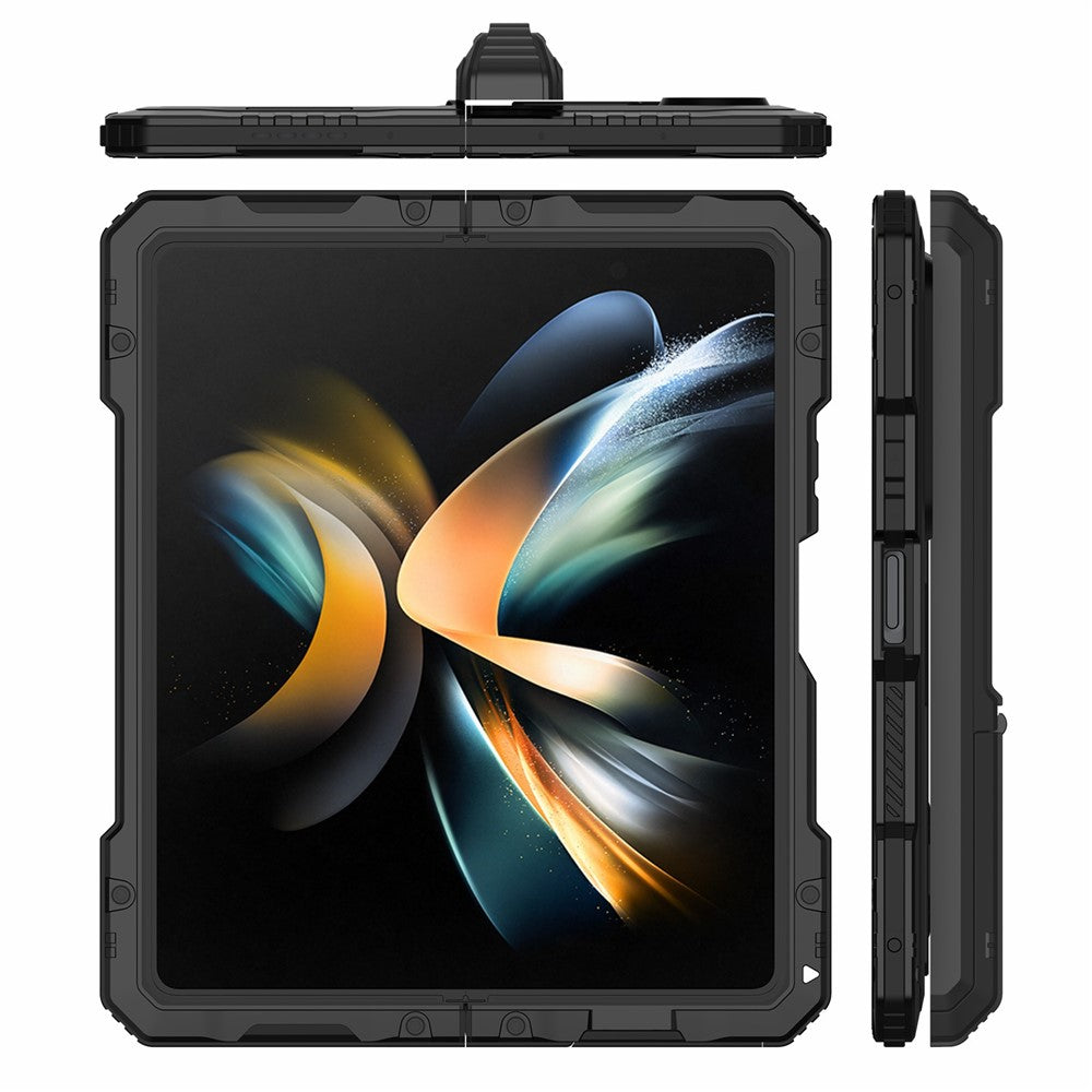 For Samsung Galaxy Z Fold4 5G Aluminium Alloy + Silicone Phone Case Shockproof Dustproof Kickstand Protective Cover with Screen Protector