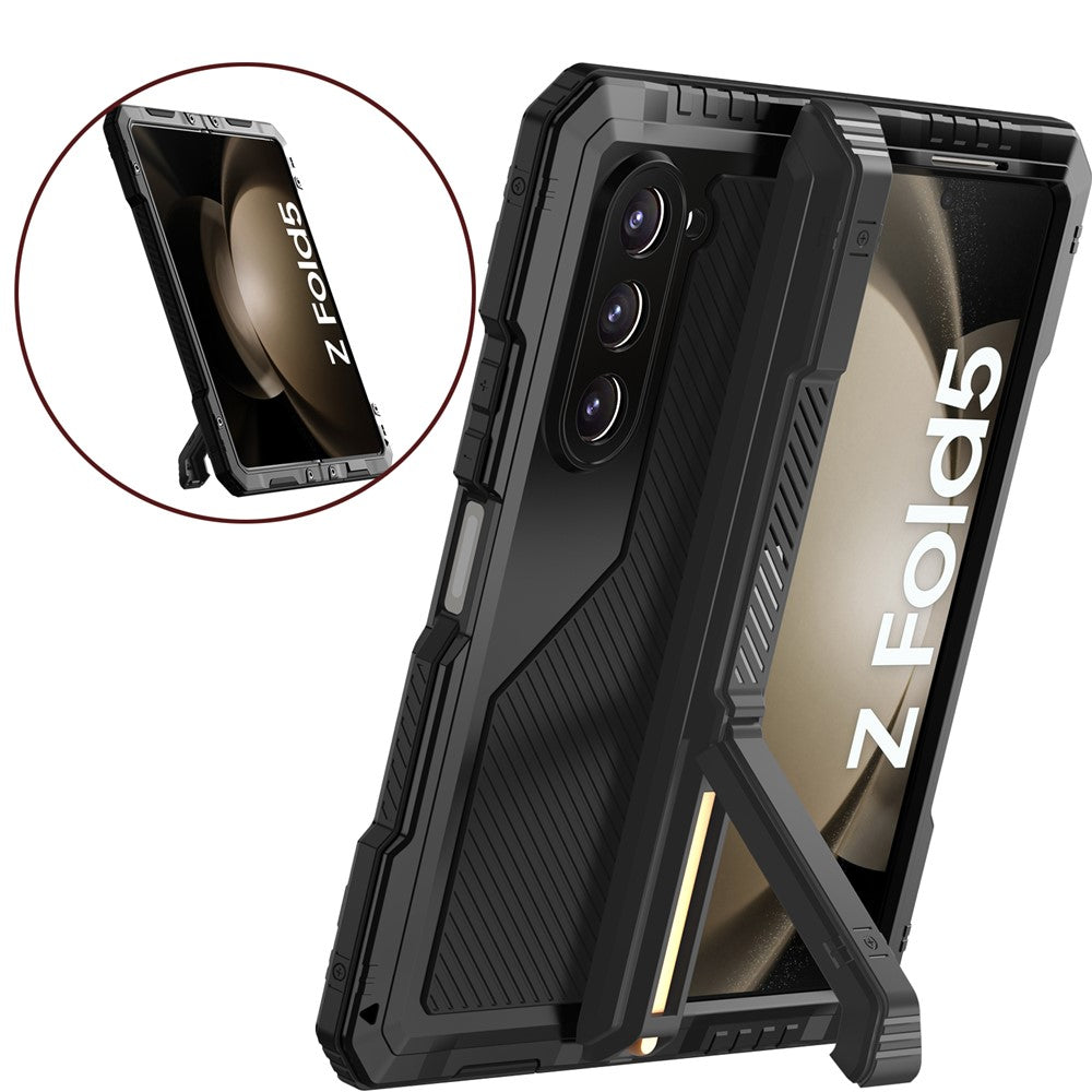 Samsung Galaxy Z Fold5 5G Aluminium Alloy + Silicone Phone Kickstand Case Shockproof Protective Cover with PET Screen Protector