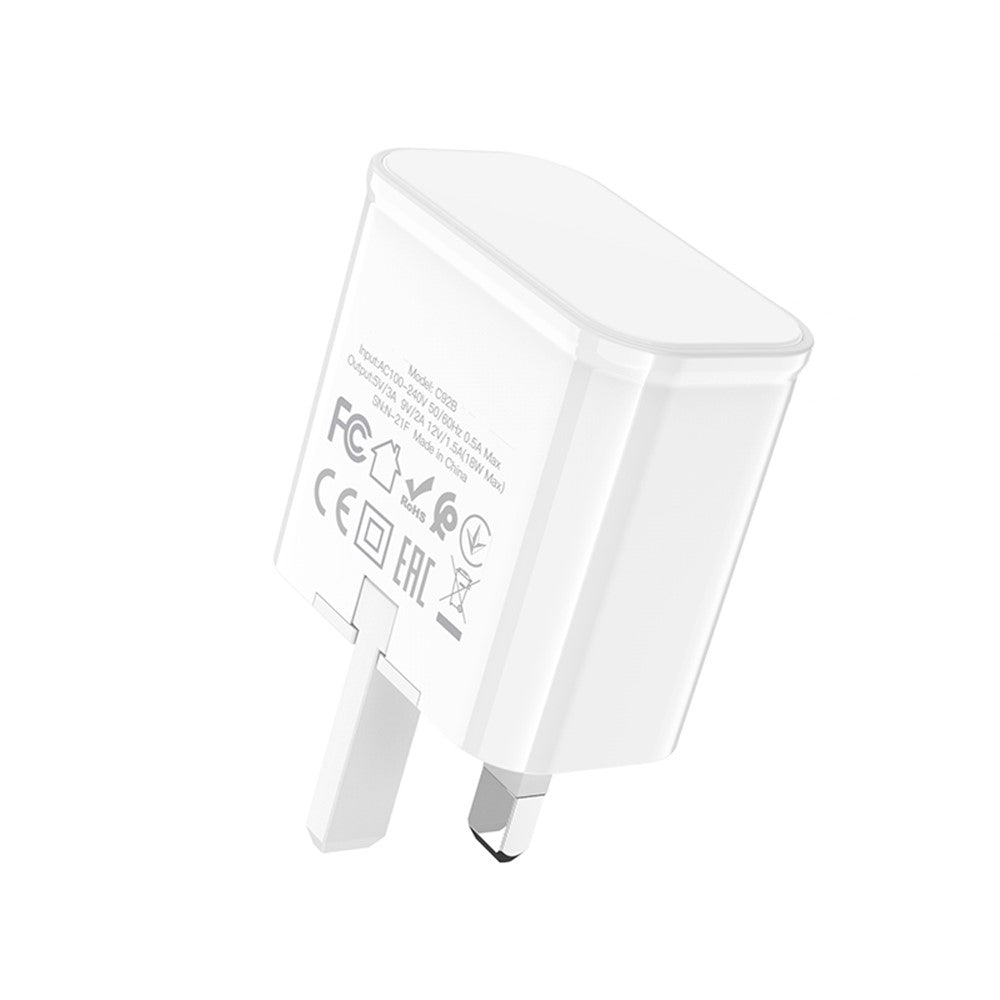 HOCO C92B Single Port QC 3.0 Travel Wall Charger UK Plug 18W Fast Charging Power Adapter for Phone Tablet