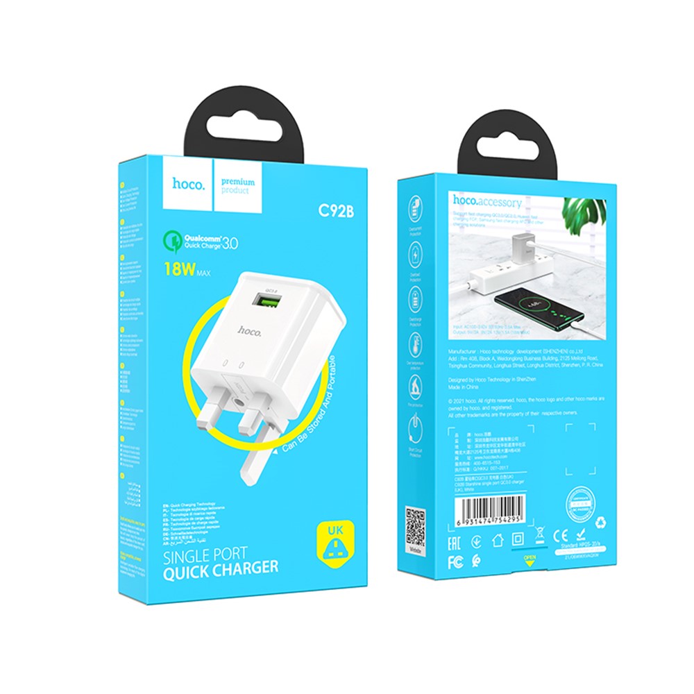 HOCO C92B Single Port QC 3.0 Travel Wall Charger UK Plug 18W Fast Charging Power Adapter for Phone Tablet