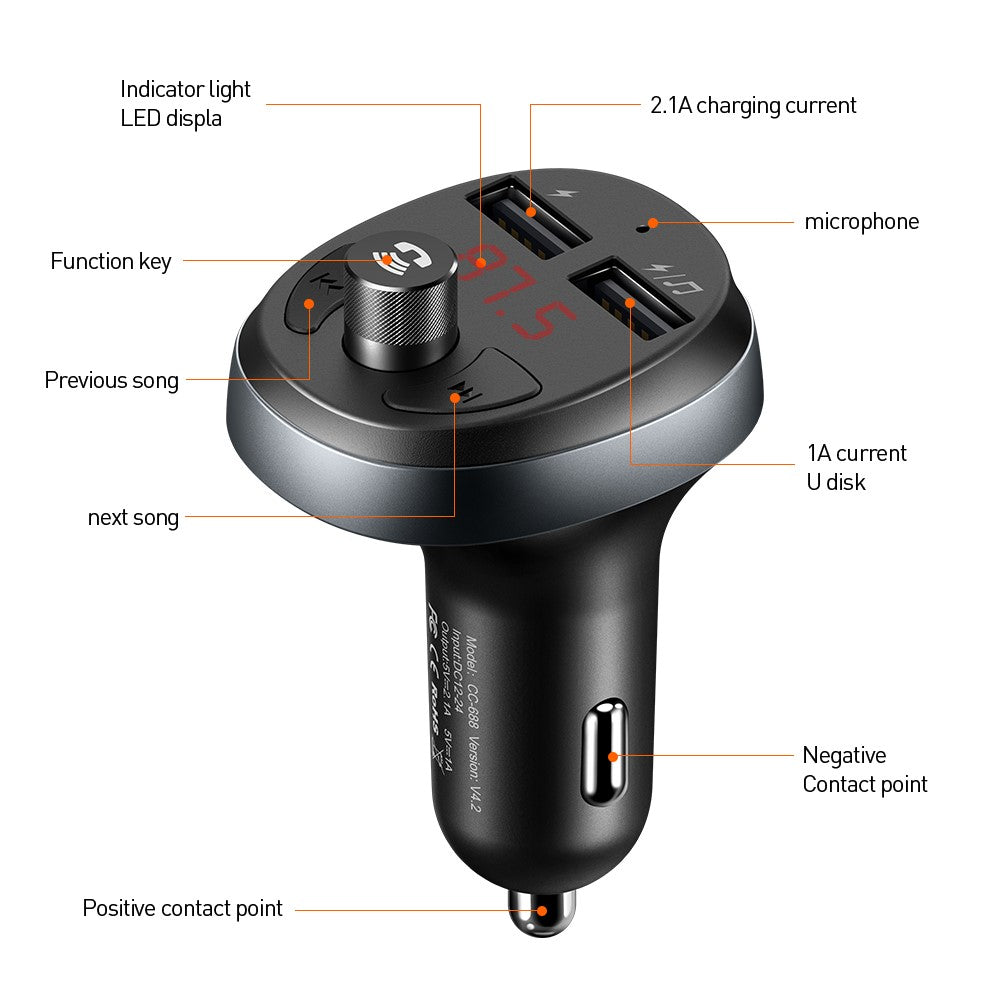 MCDODO CC-6880 Bluetooth-compatible FM Transmitter Car Charger Wireless Bluetooth-compatible FM Radio Adapter Music Player
