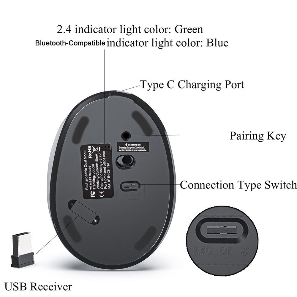 Rechargeable Ergonomic Vertical Mouse 2.4G / Bluetooth-Compatible Silent Wireless Mouse for Right Hand