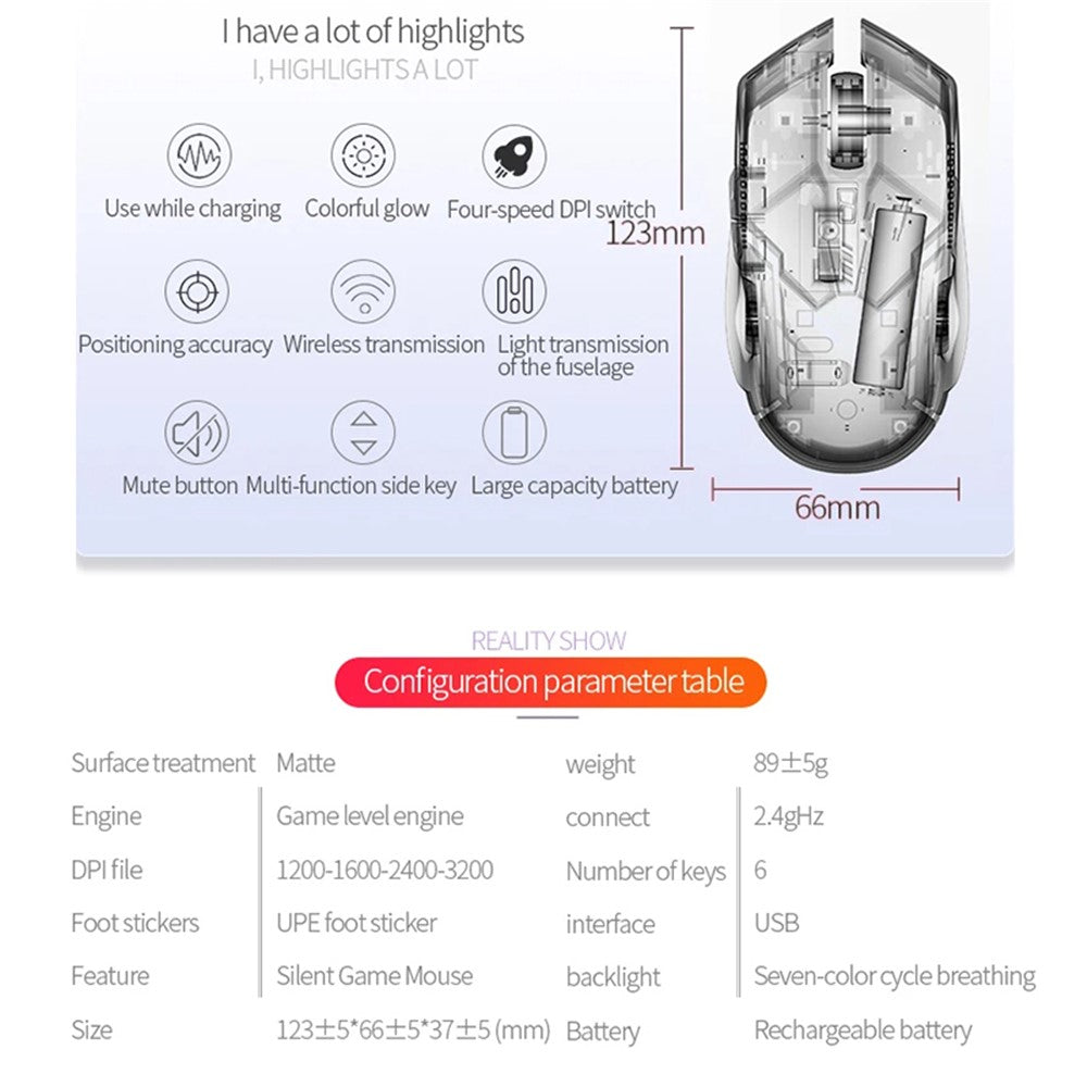 YINDIAO A9 2.4G Wireless Mouse 1200 / 1600 / 2400 / 3200 DPI Adjustable Silent 6 Keys Lighting Mouse
