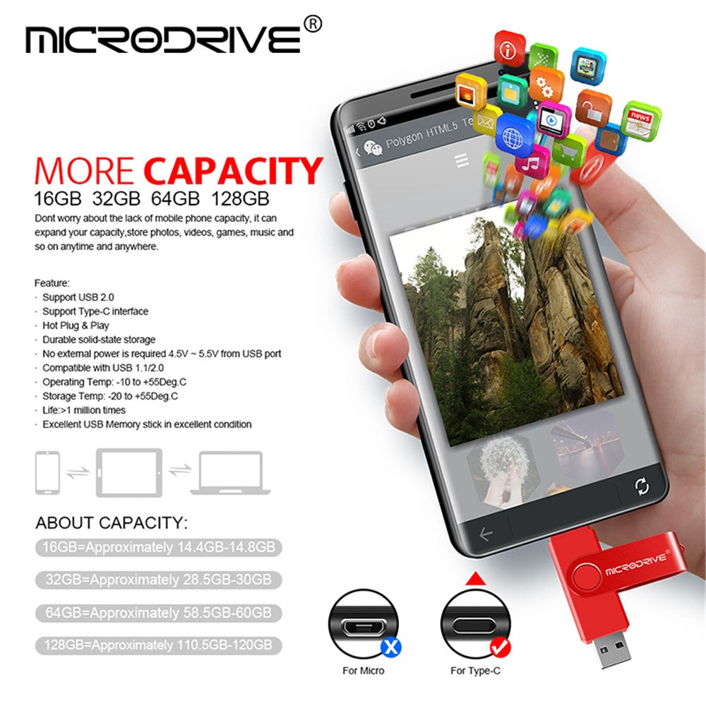 MICRODRIVE 4GB Metal Flash Drive 2-in-1 USB 2.0 / Type-C Rotating OTG USB Memory Stick