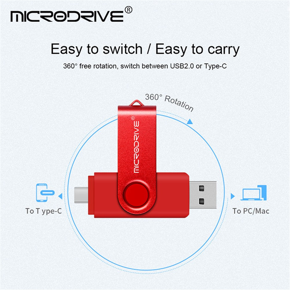 MICRODRIVE 4GB Metal Flash Drive 2-in-1 USB 2.0 / Type-C Rotating OTG USB Memory Stick