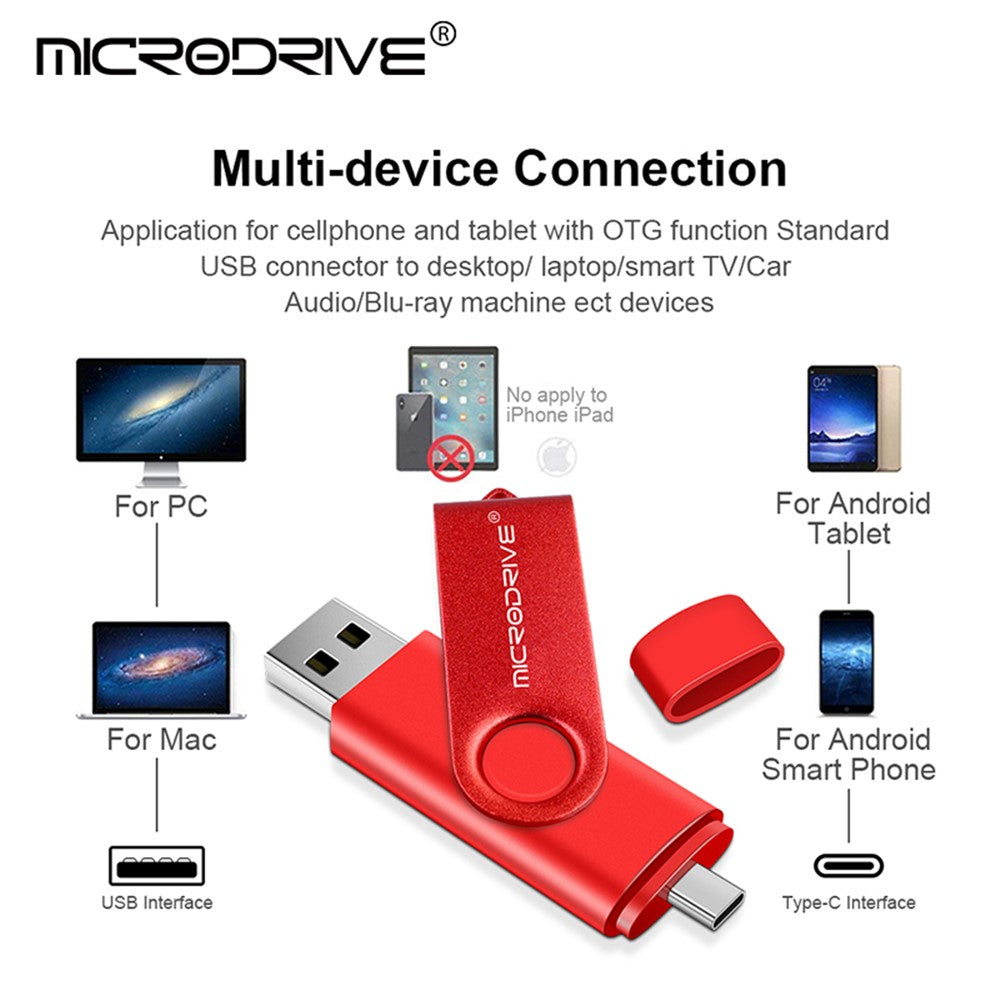 MICRODRIVE 4GB Metal Flash Drive 2-in-1 USB 2.0 / Type-C Rotating OTG USB Memory Stick