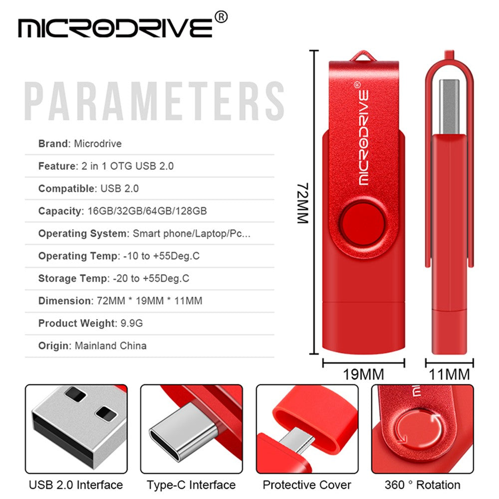 MICRODRIVE 4GB Metal Flash Drive 2-in-1 USB 2.0 / Type-C Rotating OTG USB Memory Stick