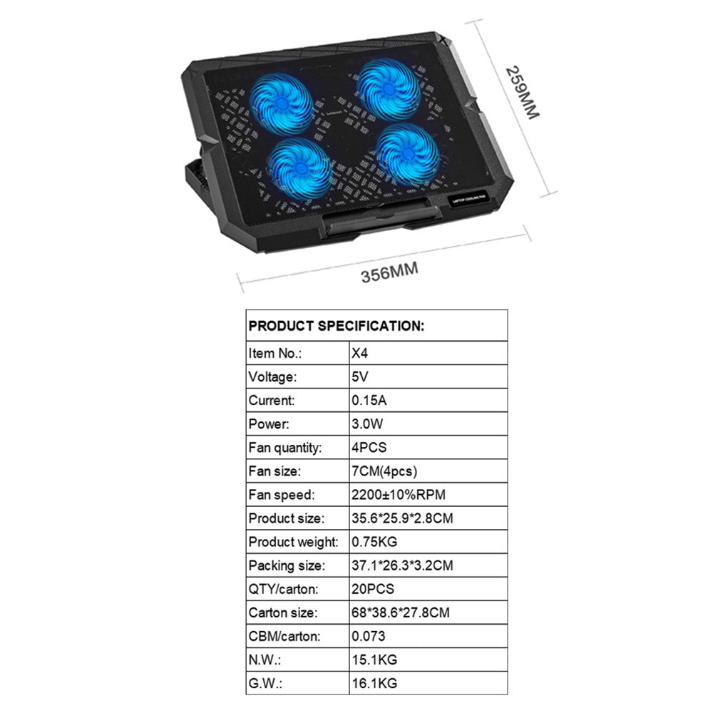 X4 Laptop Cooling Pad 4 Fan Height Adjustable 7 Levels Speed Control Noiseless Stand