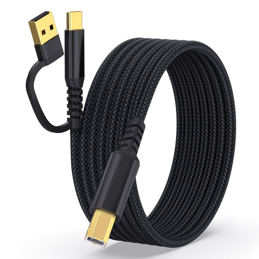 2m USB / Type-C to Square USB Type-B 2 in 1 Printer Cable Braided Printing Connection Cord