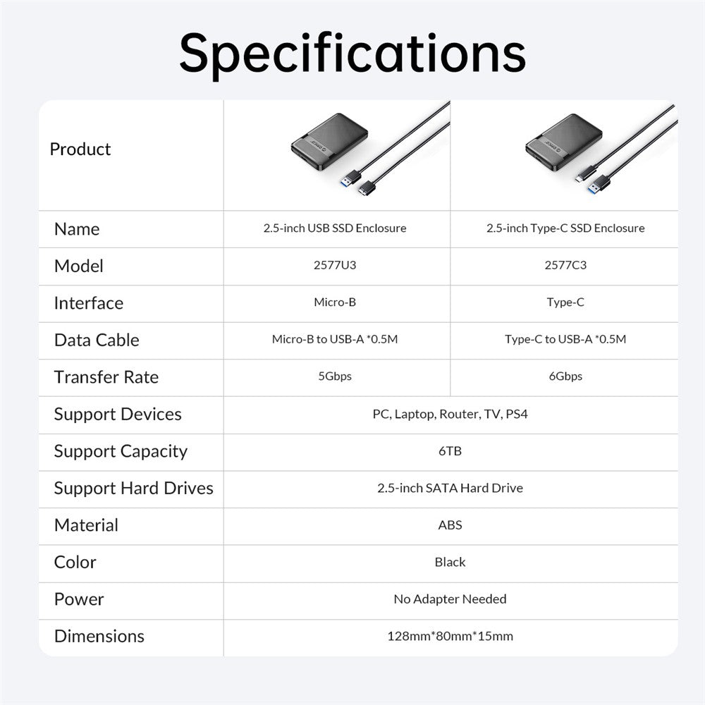 ORICO 2577U3-V1 2.5-inch USB3.0 Micro-B Hard Drive Enclosure 5Gbps SATA Hard Drive Case