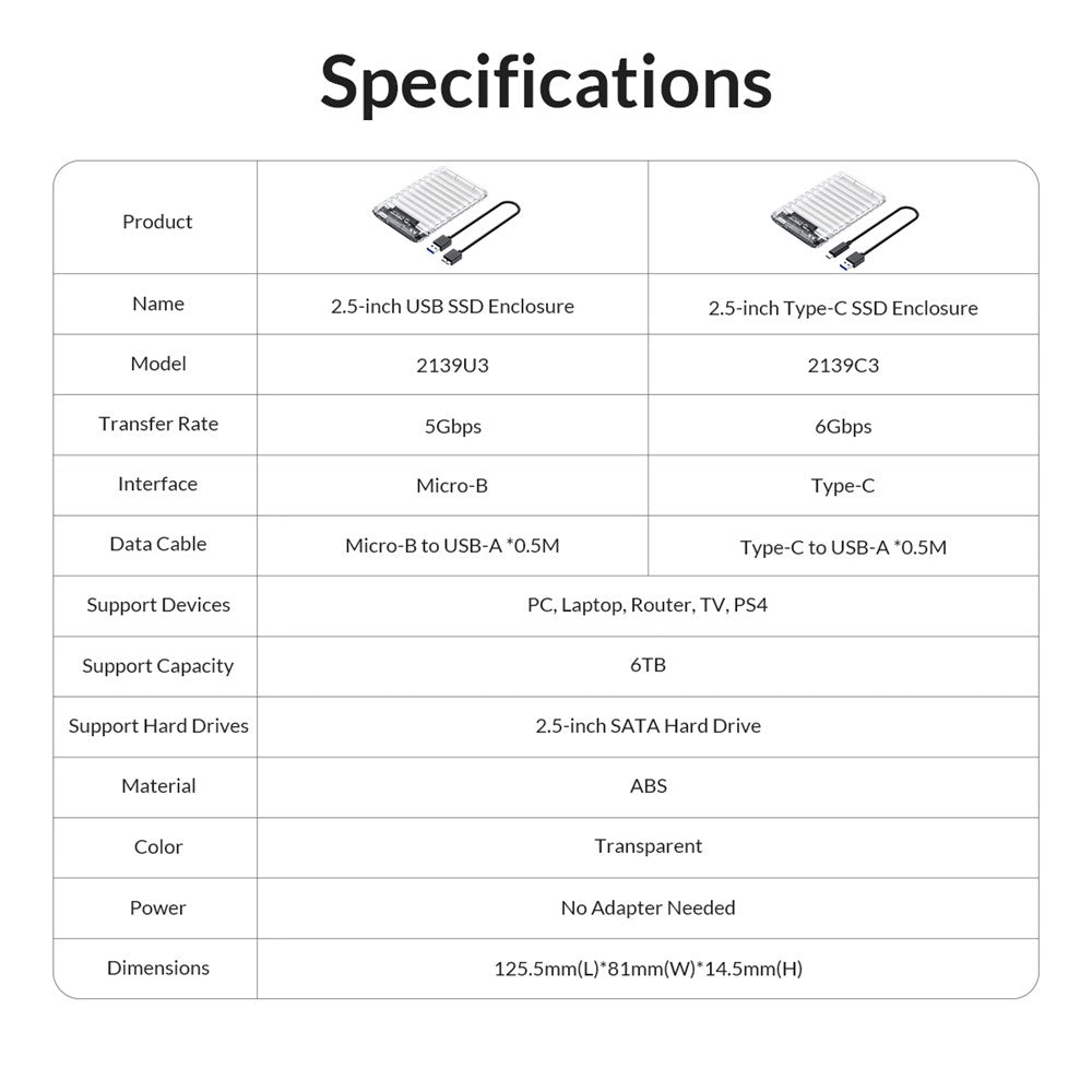 ORICO-2139C3 2.5" USB3.0 External Storage HDD Enclosure Transparent 6Gbps High Speed HDD SSD Hard Drive Enclosure