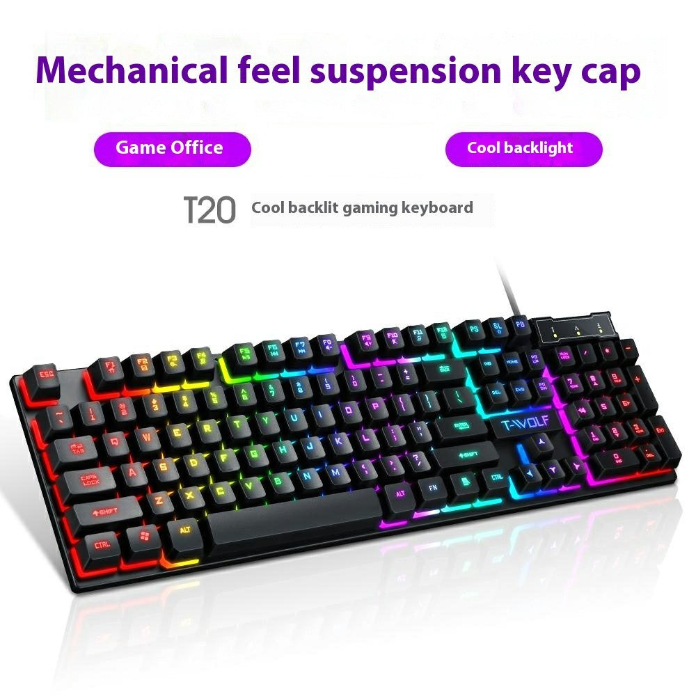 T-WOLF T20 USB Wired Gaming Keyboard with Colorful Backlit Ergonomic Mechanical Keyboard