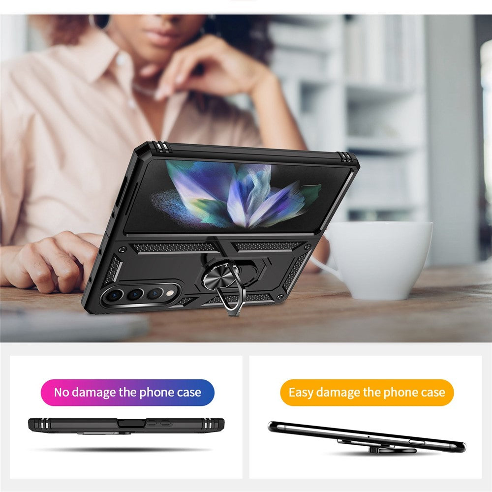 For Samsung Galaxy Z Fold4 5G TPU + PC Shockproof Phone Case Ring Holder Kickstand Protective Cover with Car Mount Metal Sheet