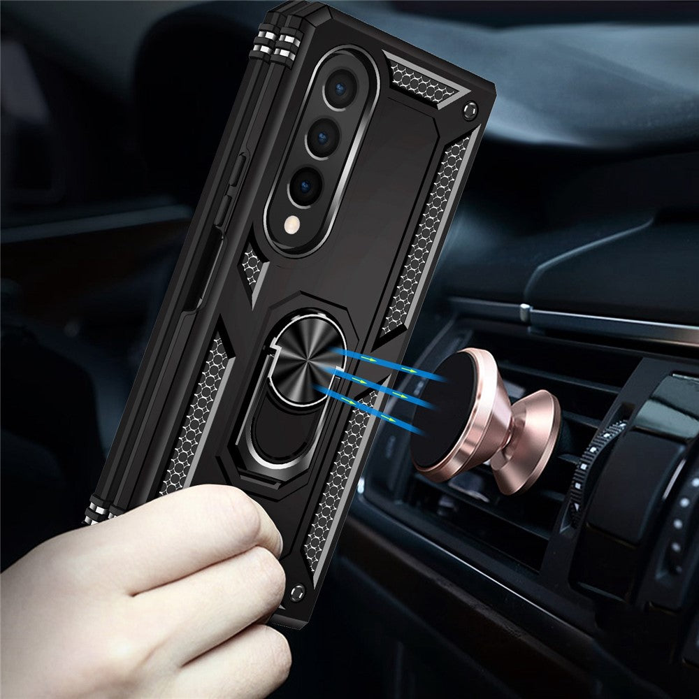 For Samsung Galaxy Z Fold4 5G TPU + PC Shockproof Phone Case Ring Holder Kickstand Protective Cover with Car Mount Metal Sheet