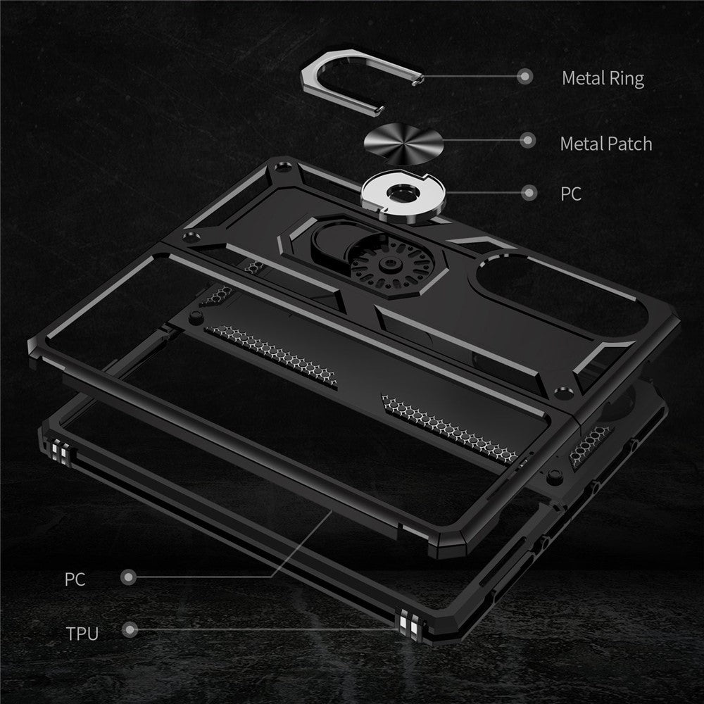 For Samsung Galaxy Z Fold4 5G TPU + PC Shockproof Phone Case Ring Holder Kickstand Protective Cover with Car Mount Metal Sheet