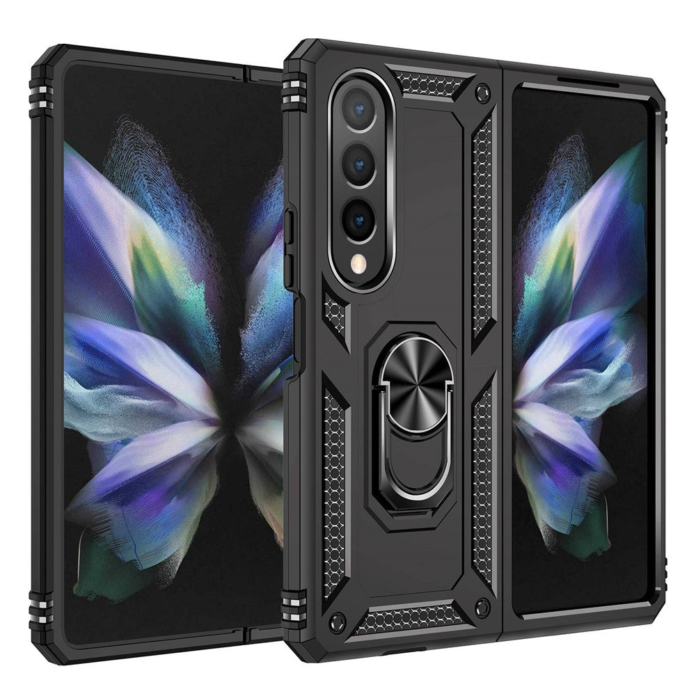 For Samsung Galaxy Z Fold4 5G TPU + PC Shockproof Phone Case Ring Holder Kickstand Protective Cover with Car Mount Metal Sheet