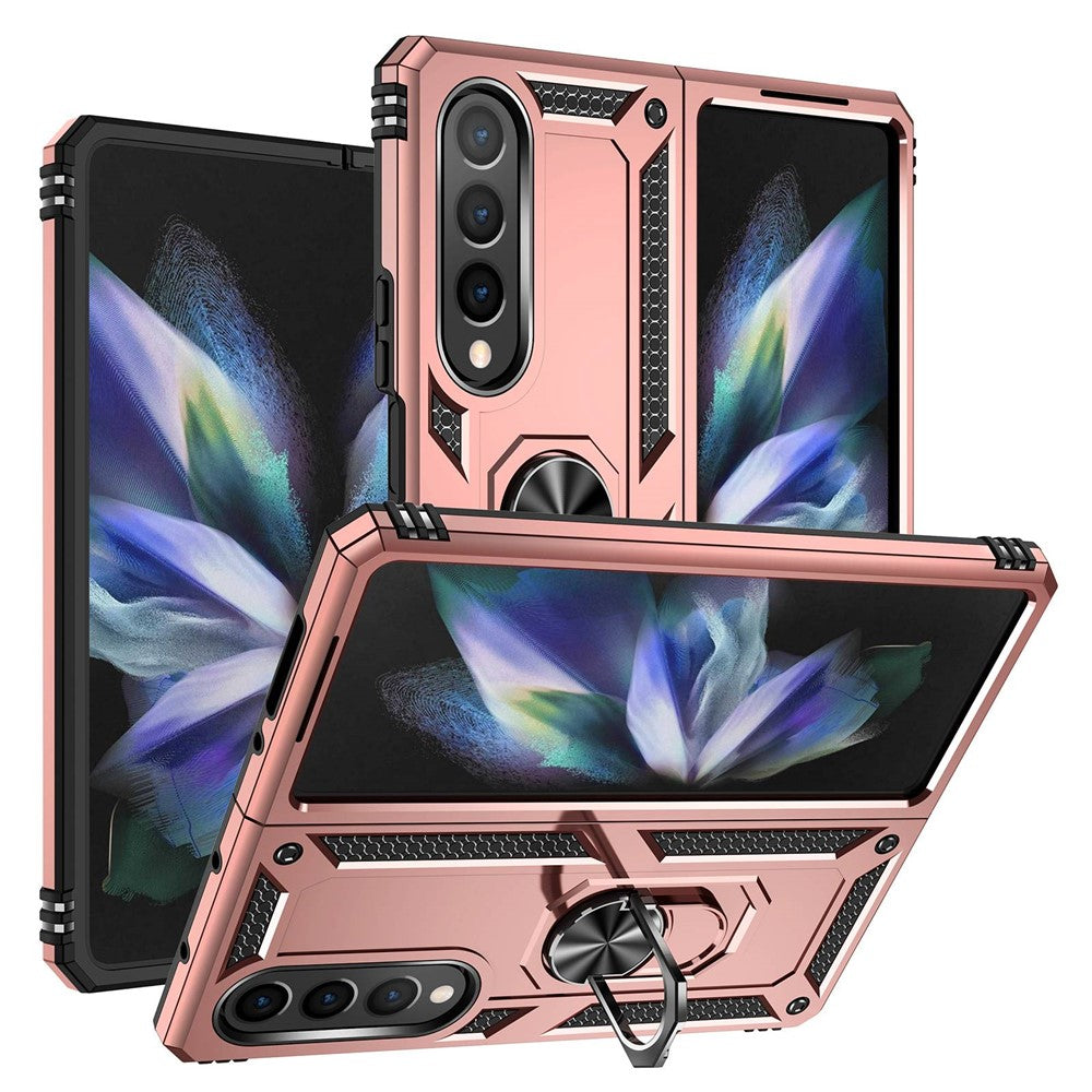 For Samsung Galaxy Z Fold4 5G TPU + PC Shockproof Phone Case Ring Holder Kickstand Protective Cover with Car Mount Metal Sheet