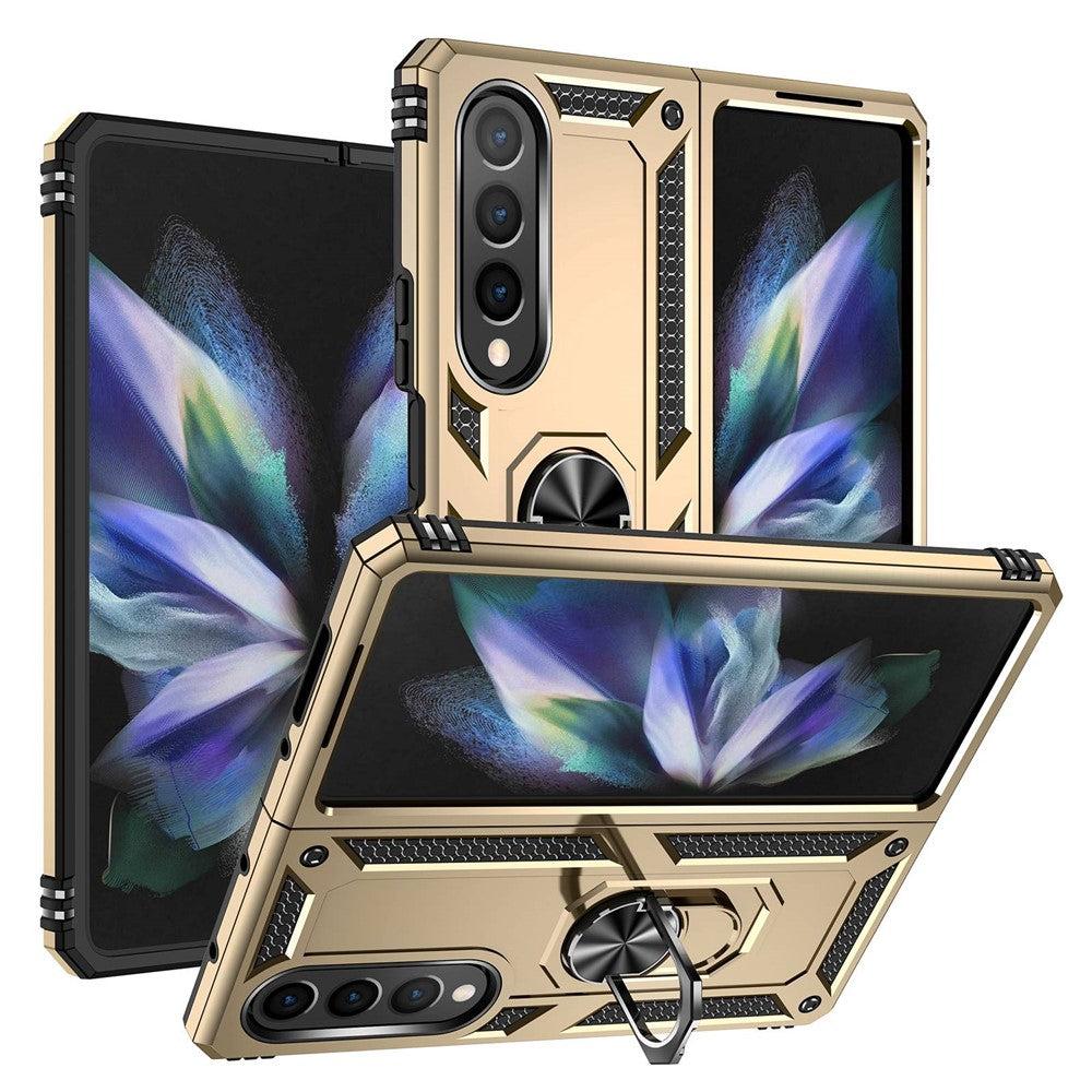 For Samsung Galaxy Z Fold4 5G TPU + PC Shockproof Phone Case Ring Holder Kickstand Protective Cover with Car Mount Metal Sheet