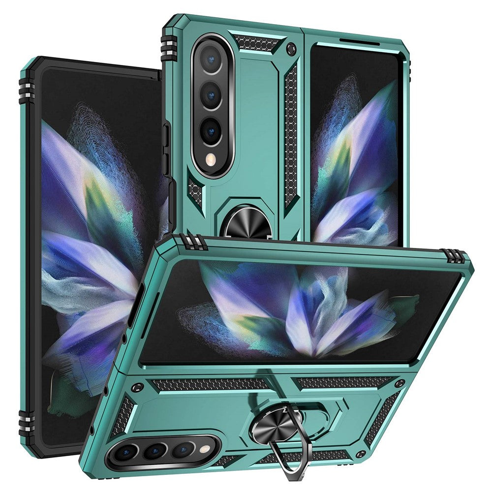 For Samsung Galaxy Z Fold4 5G TPU + PC Shockproof Phone Case Ring Holder Kickstand Protective Cover with Car Mount Metal Sheet