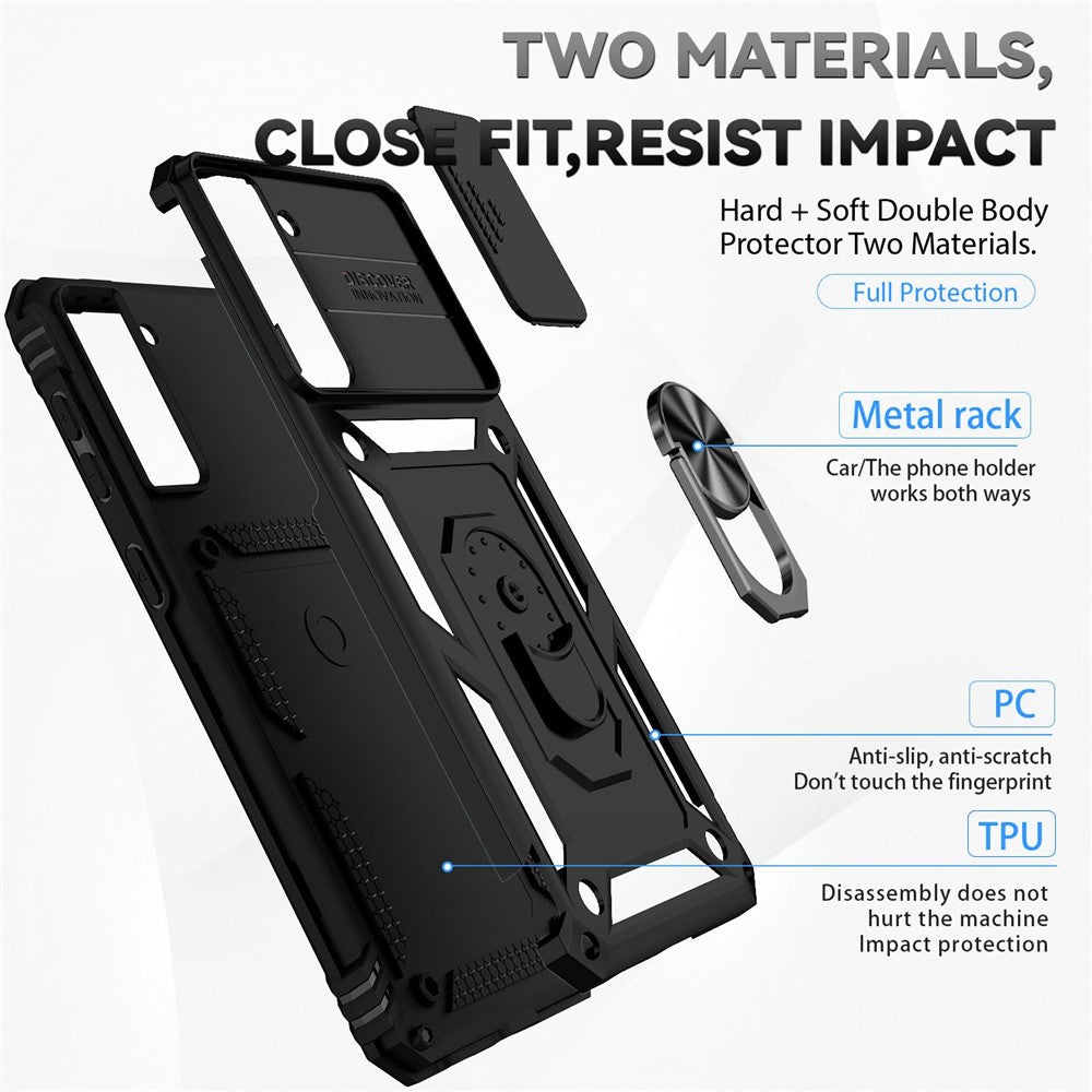 Metal Ring Kickstand Cover for Samsung Galaxy S21 4G / 5G, Hard PC + Soft TPU Slide Camera Protector Phone Case