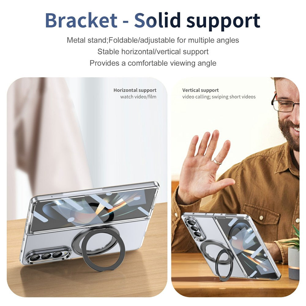 For Samsung Galaxy Z Fold4 5G Case Magnetic Kickstand Clear PC Phone Cover with HD Screen Film