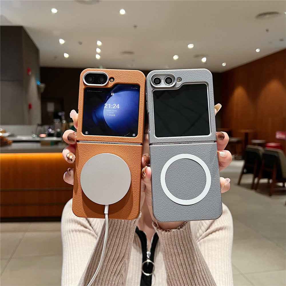 Samsung Galaxy Z Flip7 FE 5G / Z Flip6 5G Phone Cases Leather Texture TPU Back Cover Support Wireless Charging